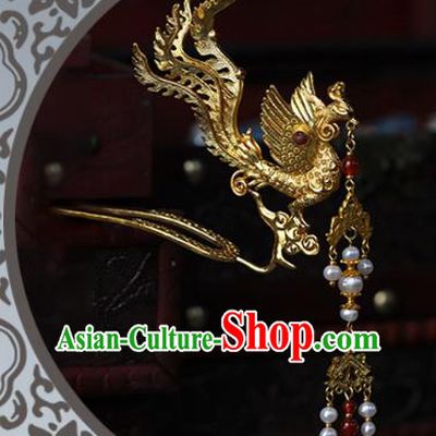 China Traditional Ming Dynasty Wedding Hair Accessories Ancient Empress Golden Phoenix Tassel Hairpin