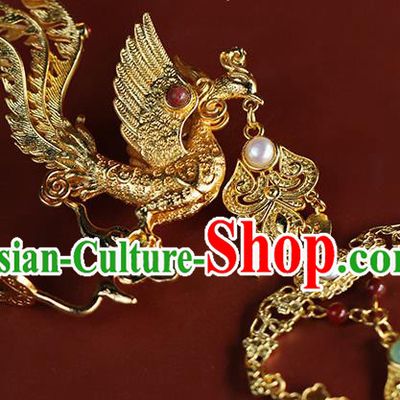 China Ancient Empress Golden Phoenix Hairpin Traditional Ming Dynasty Court Woman Hair Accessories