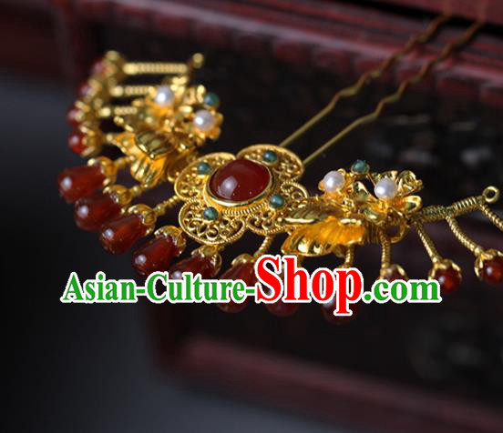 China Ancient Empress Pearls Golden Hairpin Traditional Ming Dynasty Court Queen Agate Hair Stick