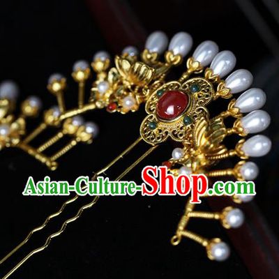 China Ancient Empress Pearls Hairpin Traditional Ming Dynasty Court Queen Golden Butterfly Hair Stick