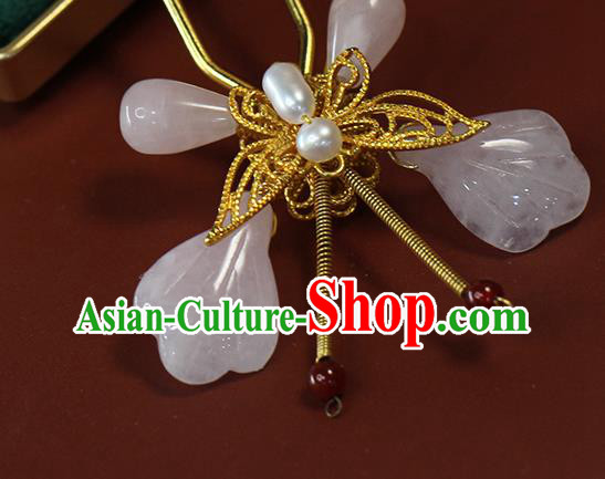 China Ancient Palace Lady Rose Quartz Butterfly Hairpin Traditional Ming Dynasty Pearl Hair Stick China Ancient Palace Lady Rose Quartz Butterfly Hairpin Traditional Ming Dynasty Pearl Hair Stick