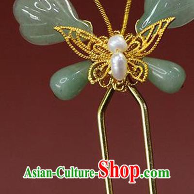 China Ancient Palace Lady Aventurine Butterfly Hairpin Traditional Ming Dynasty Princess Pearl Hair Stick