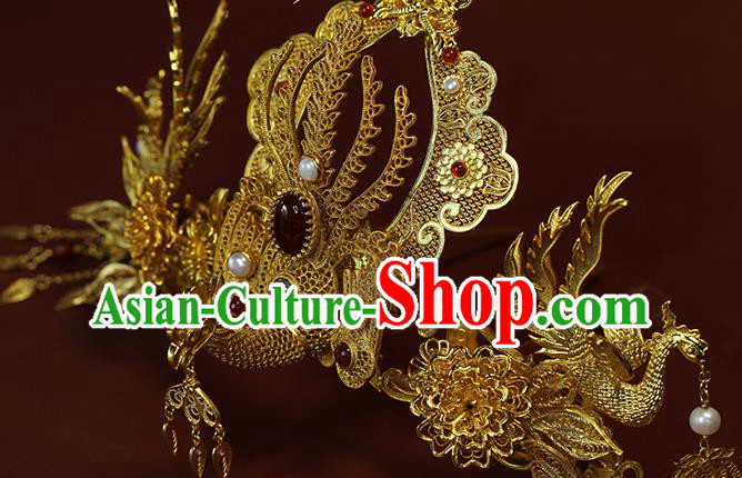 China Ancient Empress Hairpin Traditional Ming Dynasty Wedding Golden Phoenix Hair Crown China Ancient Empress Hairpin Traditional Ming Dynasty Wedding Golden Phoenix Hair Crown