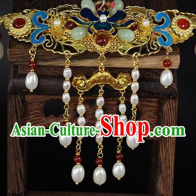 China Ancient Empress Pearls Tassel Hairpin Traditional Qing Dynasty Court Blueing Peony Hair Crown