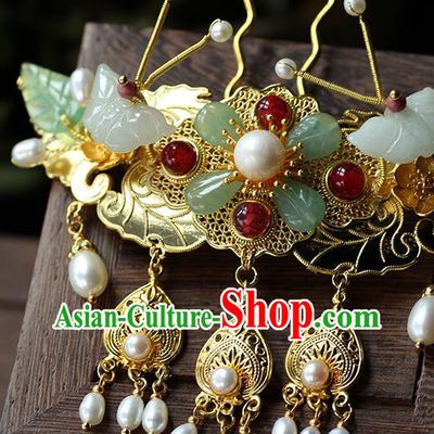 China Ancient Empress Golden Hairpin Traditional Qing Dynasty Court Jade Butterfly Hair Crown
