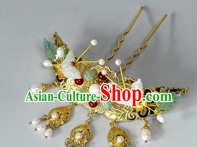 China Ancient Empress Golden Hairpin Traditional Qing Dynasty Court Jade Butterfly Hair Crown China Ancient Empress Golden Hairpin Traditional Qing Dynasty Court Jade Butterfly Hair Crown