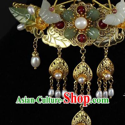China Traditional Qing Dynasty Court Jade Butterfly Hair Crown Ancient Empress Pearls Tassel Golden Hairpin