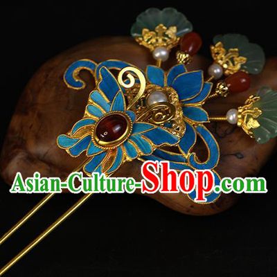 China Traditional Qing Dynasty Agate Butterfly Hair Stick Ancient Empress Pearls Hairpin