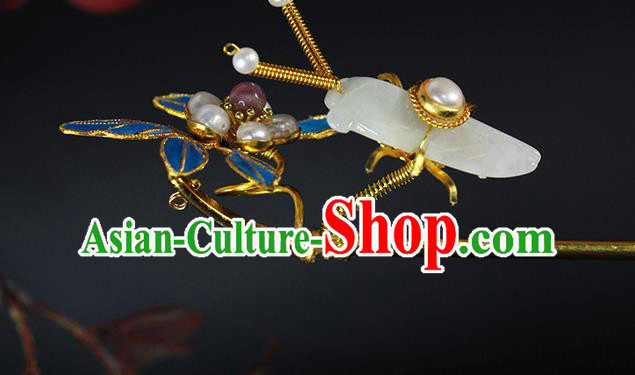 China Traditional Qing Dynasty Jade Cicada Hair Stick Ancient Empress Pearls Orchid Hairpin China Traditional Qing Dynasty Jade Cicada Hair Stick Ancient Empress Pearls Orchid Hairpin