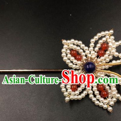 China Ming Dynasty Pearls Butterfly Hair Accessories Traditional Hanfu Hairpin Ancient Princess Hair Stick
