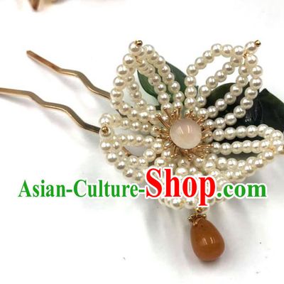 China Traditional Hanfu Ceregat Hair Accessories Ming Dynasty Hairpin Ancient Princess Beads Lotus Hair Stick