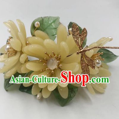 China Ancient Princess Yellow Chrysanthemum Hair Stick Traditional Hanfu Hair Accessories Ming Dynasty Dragonfly Hairpin