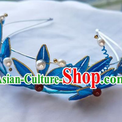 China Ming Dynasty Hairpin Traditional Hanfu Hair Accessories Ancient Princess Blue Silk Bamboo Leaf Hair Crown