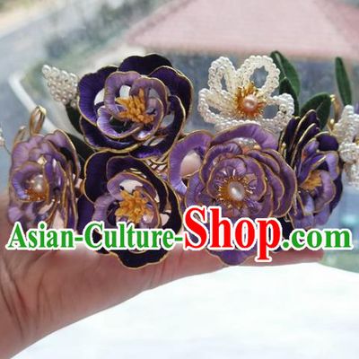 China Ming Dynasty Beads Plum Hairpin Traditional Hanfu Hair Accessories Ancient Princess Purple Silk Peony Hair Crown
