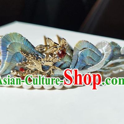China Ming Dynasty Blue Silk Hairpin Traditional Hanfu Hair Accessories Ancient Princess Pearls Hair Crown