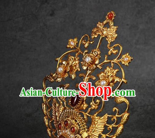 China Ancient Empress Golden Phoenix Hairpin Traditional Ming Dynasty Queen Agate Pearls Hair Crown China Ancient Empress Golden Phoenix Hairpin Traditional Ming Dynasty Queen Agate Pearls Hair Crown
