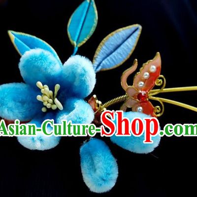 China Ming Dynasty Blue Velvet Plum Hairpin Traditional Hanfu Hair Accessories Ancient Princess Butterfly Hair Stick