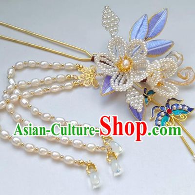 China Ming Dynasty Blueing Butterfly Hairpin Traditional Hanfu Hair Accessories Ancient Princess Pearls Tassel Hair Stick