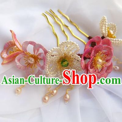 China Ming Dynasty Beads Plum Hairpin Traditional Hanfu Hair Accessories Ancient Princess Silk Flowers Hair Comb