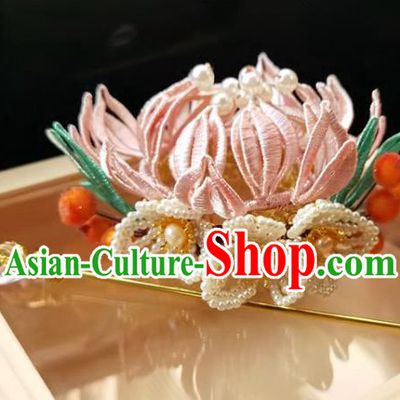 China Ming Dynasty Hairpin Traditional Hanfu Hair Accessories Ancient Princess Pink Silk Lotus Hair Crown