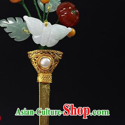 China Ancient Queen Pearl Golden Hairpin Traditional Qing Dynasty Palace Jade Butterfly Hair Stick