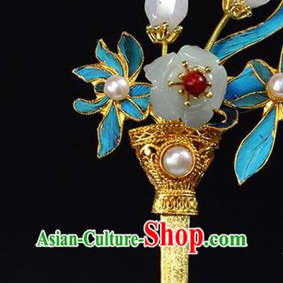 China Ancient Queen Orchids Hairpin Traditional Qing Dynasty Palace Jade Plum Pearl Hair Stick