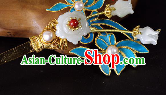 China Ancient Queen Orchids Hairpin Traditional Qing Dynasty Palace Jade Plum Pearl Hair Stick China Ancient Queen Orchids Hairpin Traditional Qing Dynasty Palace Jade Plum Pearl Hair Stick