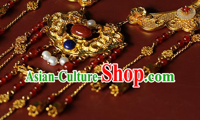 Chinese Traditional Wedding Agate Beads Necklace Ancient Princess Golden Tassel Necklet Accessories Chinese Traditional Wedding Agate Beads Necklace Ancient Princess Golden Tassel Necklet Accessories