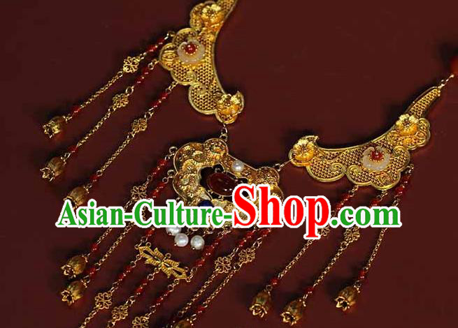 Chinese Traditional Wedding Agate Beads Necklace Ancient Princess Golden Tassel Necklet Accessories Chinese Traditional Wedding Agate Beads Necklace Ancient Princess Golden Tassel Necklet Accessories