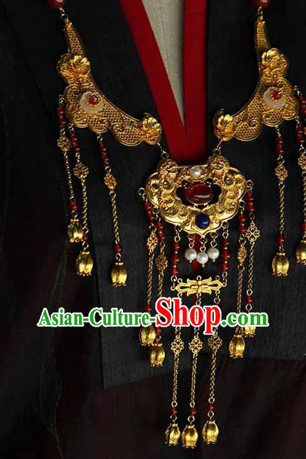 Chinese Traditional Wedding Agate Beads Necklace Ancient Princess Golden Tassel Necklet Accessories Chinese Traditional Wedding Agate Beads Necklace Ancient Princess Golden Tassel Necklet Accessories