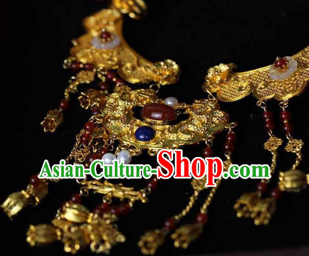 Chinese Traditional Wedding Agate Beads Necklace Ancient Princess Golden Tassel Necklet Accessories Chinese Traditional Wedding Agate Beads Necklace Ancient Princess Golden Tassel Necklet Accessories