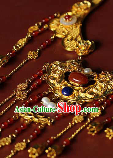 Chinese Traditional Wedding Agate Beads Necklace Ancient Princess Golden Tassel Necklet Accessories Chinese Traditional Wedding Agate Beads Necklace Ancient Princess Golden Tassel Necklet Accessories