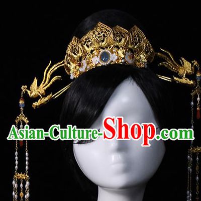 China Traditional Wedding Golden Lotus Hair Crown and Phoenix Hairpins Ancient Queen Hair Accessories