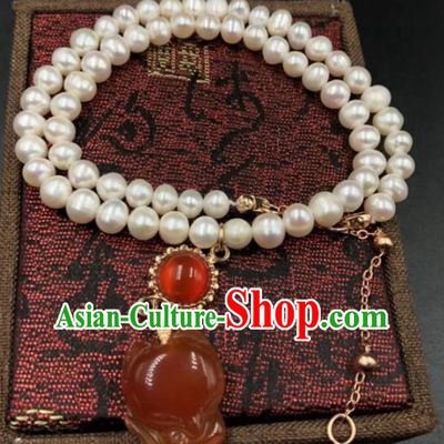 Chinese Traditional Agate Fox Necklace Classical Cheongsam Pearls Accessories