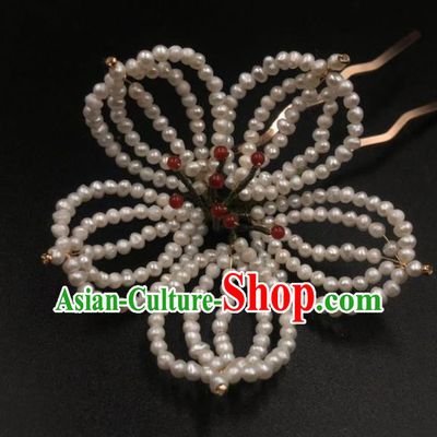 China Ancient Princess Pearls Lotus Hairpin Traditional Ming Dynasty Palace Hanfu Hair Stick