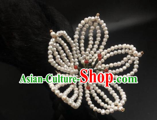 China Ancient Princess Pearls Lotus Hairpin Traditional Ming Dynasty Palace Hanfu Hair Stick