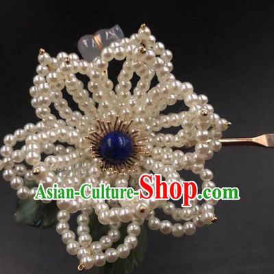 China Ancient Princess Pearls Peony Hairpin Traditional Ming Dynasty Lapis Hair Stick