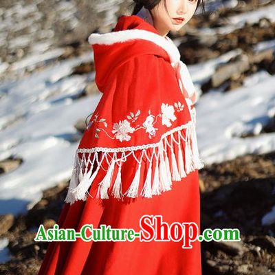 China Traditional Hanfu Red Wool Cloak Ancient Ming Dynasty Imperial Consort Historical Clothing