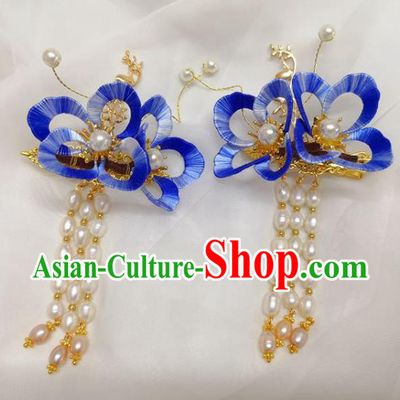 China Ming Dynasty Blue Silk Flower Hairpin Traditional Hanfu Hair Accessories Ancient Princess Pearls Tassel Hair Sticks