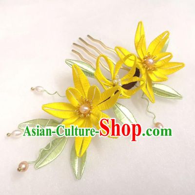 China Ming Dynasty Yellow Silk Flowers Hairpin Ancient Princess Pearls Hair Comb Traditional Hanfu Hair Accessories