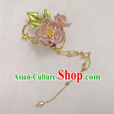 Handmade China Ancient Hanfu Pink Silk Peony Ear Accessories Ming Dynasty Princess Pearls Tassel Earrings Pendant