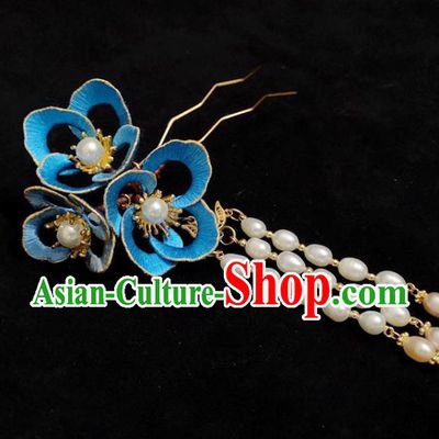 China Ming Dynasty Pearls Tassel Hairpin Traditional Hanfu Hair Accessories Ancient Princess Blue Silk Flower Hair Stick