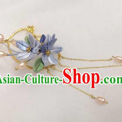 Handmade China Ming Dynasty Princess Pearls Tassel Earrings Pendant Ancient Hanfu Lilac Silk Flowers Ear Accessories