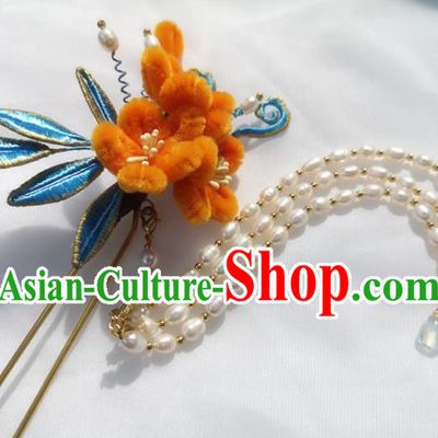 China Ming Dynasty Orange Velvet Plum Hairpin Traditional Hanfu Hair Accessories Ancient Princess Pearls Tassel Hair Stick