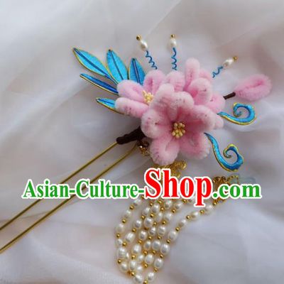 China Ming Dynasty Pearls Tassel Hairpin Traditional Hanfu Hair Accessories Ancient Princess Pink Velvet Plum Hair Stick