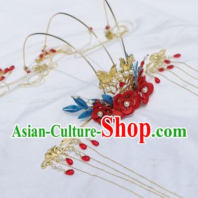 China Ancient Princess Hair Stick Traditional Hanfu Hair Accessories Wedding Red Silk Flowers Hair Crown