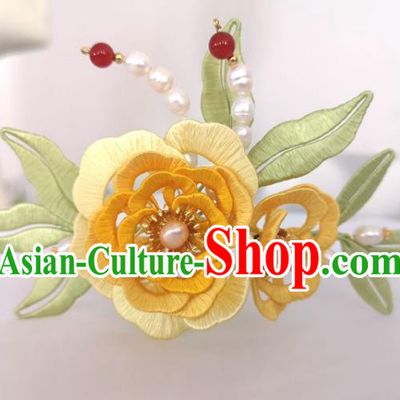 China Traditional Hanfu Hair Accessories Ming Dynasty Pearls Hair Stick Ancient Princess Yellow Silk Peony Hairpin