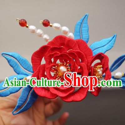 China Ming Dynasty Pearls Hair Stick Ancient Princess Red Silk Peony Hairpin Traditional Hanfu Hair Accessories