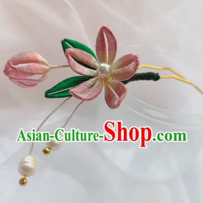 China Ming Dynasty Peach Blossom Hair Stick Traditional Hanfu Hair Accessories Ancient Princess Pink Silk Flowers Hairpin