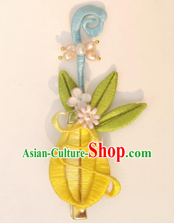 China Ancient Palace Lady Pearls Hairpin Traditional Ming Dynasty Yellow Silk Lute Hair Stick China Ancient Palace Lady Pearls Hairpin Traditional Ming Dynasty Yellow Silk Lute Hair Stick